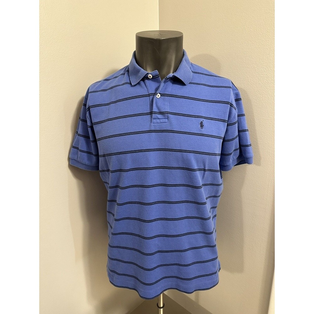 Polo Ralph Lauren Mens Short Sleeve Polo Golf Shirt Blue Black Striped Large